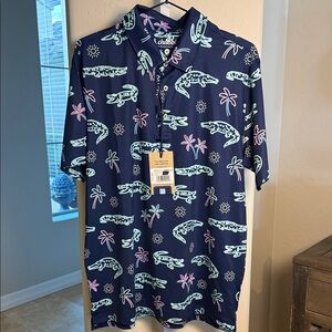 Lacoste Navy Blue Polo Shirt with Pink and Green Print